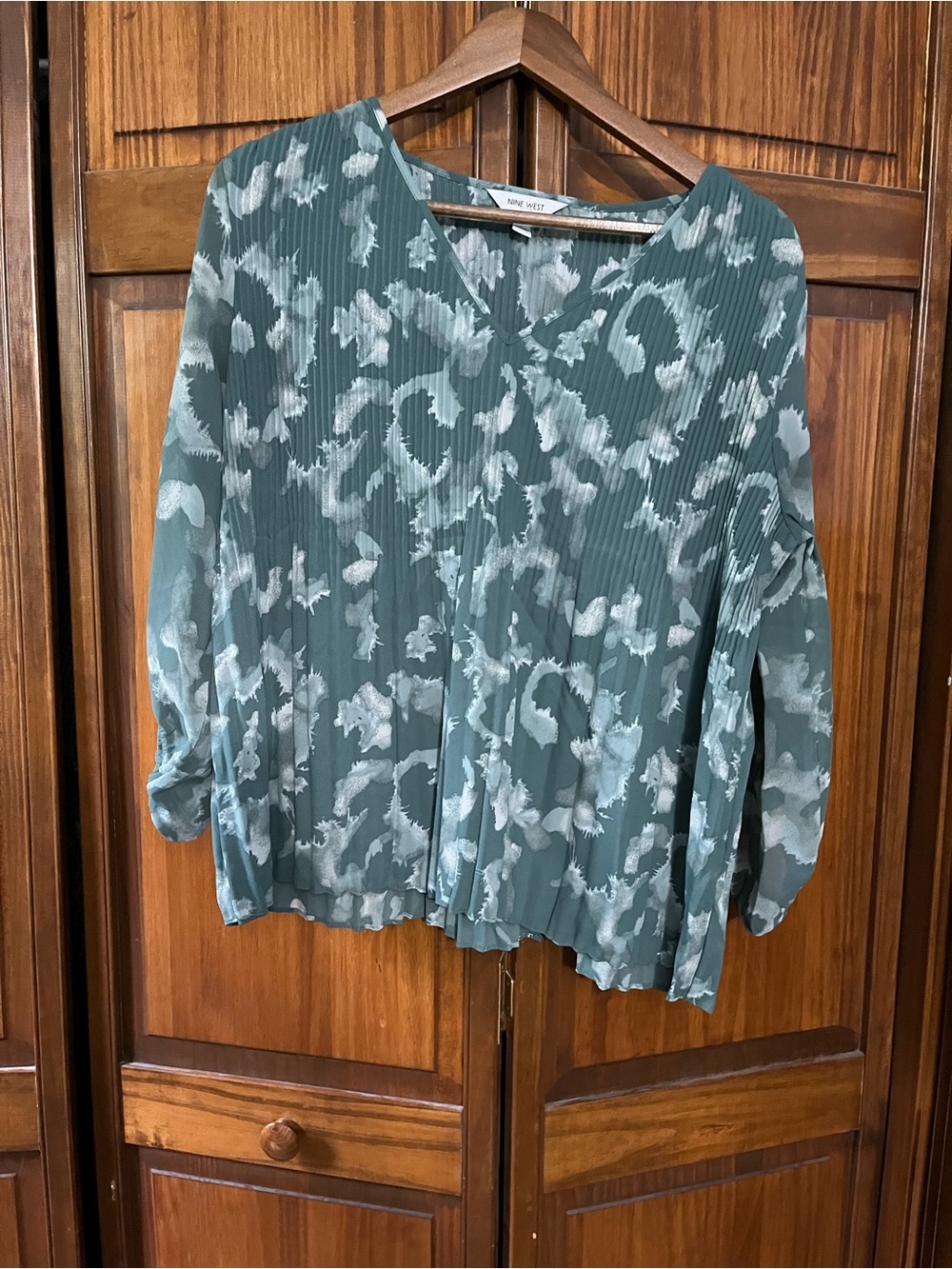 Nine West Teal Green Pleated V-Neck Blouse